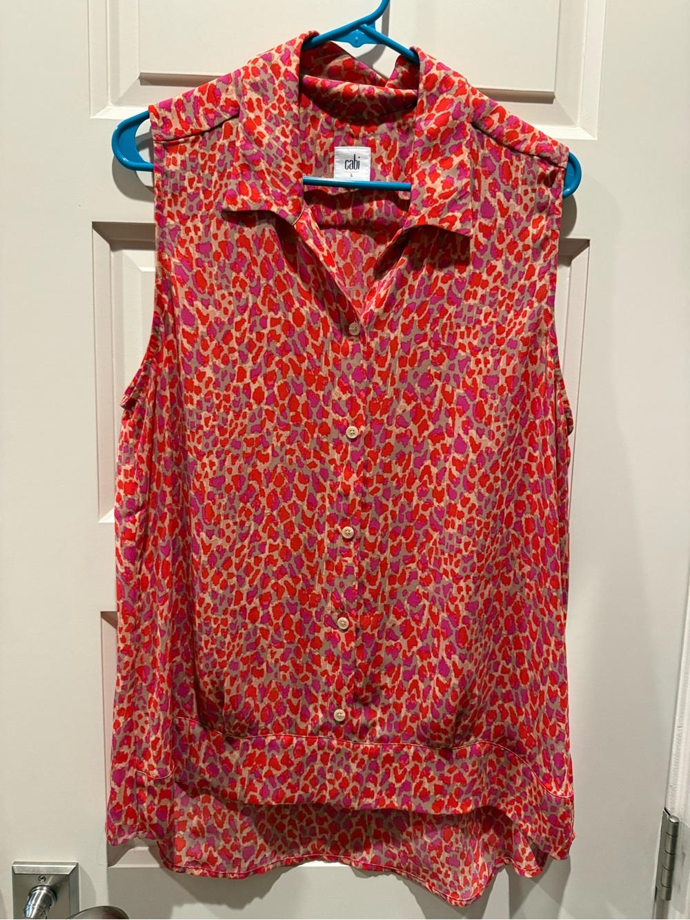 CAbi Sleeveless Button-Down Top in Pink & Red Abstract Print
